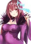  absurdres dress fate/grand_order fate_(series) finger_writing fur_trim highres long_hair looking_at_viewer purple_dress purple_hair red_eyes runes scathach_(fate)_(all) scathach_skadi_(fate/grand_order) shibakame simple_background smile solo tiara upper_body white_background 