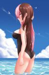  adapted_costume adjusting_hair artist_name ass bird breasts brown_hair cloud cslucaris day eyebrows_visible_through_hair from_side highres large_breasts long_hair looking_away multicolored_hair neo_(rwby) ocean one-piece_swimsuit outdoors parted_lips pink_eyes pink_hair ribbed_swimsuit rwby sky smile solo swimsuit two-tone_hair very_long_hair water wet wet_hair 