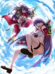  :d absurdres aoba_(smartbeat) armored_boots ass bikini blue_eyes boots breasts capelet cleavage commentary_request cross dual_persona fate/grand_order fate_(series) gauntlets hair_ribbon highres large_breasts long_hair looking_at_viewer multiple_girls navel navel_cutout open_mouth purple_hair red_legwear ribbon saint_martha saint_martha_(swimsuit_ruler)_(fate) sandals smile staff swimsuit thigh_strap thighhighs white_bikini 