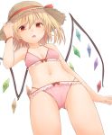  alternate_headwear ass_visible_through_thighs bare_arms bare_shoulders bikini blonde_hair breasts brown_hat cameltoe clenched_hand collarbone commentary_request cowboy_shot crystal flandre_scarlet frills from_below hair_between_eyes hand_up hat hat_ribbon highleg highleg_bikini highres looking_at_viewer miyo_(ranthath) navel one_side_up open_mouth orange_ribbon pink_bikini red_eyes ribbon short_hair simple_background small_breasts solo standing stomach sun_hat swimsuit thighs touhou white_background wings 
