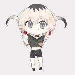  arms_behind_head arms_up black_collar black_eyes black_footwear black_hair black_shirt black_shorts chibi earrings full_body grey_background highres horns jewelry lily_(machi) looking_at_viewer machi_(wm) midriff multicolored_hair navel original pink_hair pointy_ears shirt short_hair_with_long_locks short_sleeves shorts simple_background smile solo standing two-tone_hair 