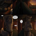 2018 abs anthro brown_fur camping canine chest_tuft clothed clothing comic dialogue english_text eyes_closed forest fur keidran male mammal outside seff smile solo stretching sunrise sythe_(twokinds) tent text topless tree tuft twokinds wolf yellow_eyes 