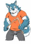  &gt;:3 anthro backscratcher biped black_eyes black_nose blue_fur canine clothed clothing dog eyebrows fighting_stance fully_clothed fur holding_object inner_ear_fluff kemono male mammal multicolored_fur muscular muscular_male pose royalsobatya shirt simple_background smile solo standing sweatpants thick_eyebrows two_tone_fur white_background white_fur 