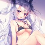  antenna_hair arm_support azur_lane bangs bikini black_bikini black_ribbon blush breasts commentary_request covered_nipples cross cross_earrings earrings eyebrows_visible_through_hair finger_to_mouth flag_print german_flag_bikini hair_between_eyes hair_ribbon highres iron_cross jewelry large_breasts long_hair looking_at_viewer mole mole_on_breast multicolored_hair open_mouth prinz_eugen_(azur_lane) red_hair ribbon side-tie_bikini sidelocks silver_hair sitting smile solo streaked_hair swimsuit two_side_up very_long_hair wet ytuorvi 