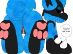  2018 anthro anus bedroom_eyes blue_fur butt cum curled_tail dialogue digital_media_(artwork) english_text eyelashes fangs feet female fluffy fur half-closed_eyes invalid_tag kneeling looking_at_viewer looking_back lucario lying nintendo nude pawpads paws pok&eacute;mon pok&eacute;mon_(species) presenting pussy pussy_juice red_eyes seductive simple_background smile smug solo speech_bubble spikes teeth text thick_thighs toes traashmann video_games wet white_background 