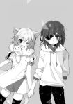  alternate_costume animal_ears bow cat cat_ears cat_tail commentary_request cowboy_shot eyepatch fang greyscale hair_between_eyes hand_in_pocket holding_hands hood hoodie kantai_collection kemonomimi_mode kiso_(kantai_collection) medium_hair mitoko_(kuma) monochrome multiple_girls one_eye_closed open_mouth pants puffy_short_sleeves puffy_sleeves short_sleeves simple_background tail tama_(kantai_collection) thighhighs 