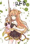  ahoge animal animal_hug bangs bare_shoulders black_dress blush brown_eyes bullpup bunny character_name closed_mouth collarbone cowboy_shot double_bun dress eyebrows_visible_through_hair fur-trimmed_jacket fur_trim girls_frontline gun hair_between_eyes hand_up heart holding holding_gun holding_weapon jacket kel-tec kel-tec_rfb light_brown_hair long_sleeves melings_(aot2846) object_namesake off_shoulder pleated_dress rfb_(girls_frontline) rifle side_bun sleeveless sleeveless_dress smile solo strap_slip stuffed_animal stuffed_toy teddy_bear weapon white_background white_jacket 