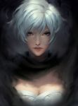  artist_name breasts chuby_mi cleavage cloak closed_mouth dark_background highres large_breasts lips looking_at_viewer original portrait short_hair solo upper_body watermark white_eyes white_hair 