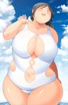  1girl black_hair blush breasts fat huge_breasts obese open_mouth shimejix short_hair smile solo sweat 