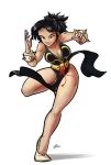  alternate_costume asian bare_arms bare_legs bare_shoulders batgirl black_dress black_hair bracelet breasts brown_eyes cassandra_cain china_dress chinese_clothes chun-li chun-li_(cosplay) cleavage commentary cosplay dc_comics dress english_commentary full_body gold_trim highres ian_samson jewelry scar sleeveless smile solo spiked_bracelet spikes street_fighter street_fighter_v thighs white_background white_footwear 