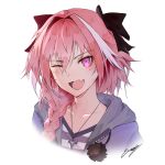  ;d astolfo_(fate) bangs black_bow black_ribbon bow braid collarbone erospanda eyebrows_visible_through_hair fang fate/apocrypha fate_(series) hair_between_eyes hair_bow hair_intakes hair_over_shoulder hair_ribbon head_tilt highres hood hood_down hoodie long_hair looking_at_viewer male_focus md5_mismatch multicolored_hair one_eye_closed open_clothes open_hoodie open_mouth otoko_no_ko pink_eyes pink_hair pom_pom_(clothes) portrait purple_hoodie purple_shirt ribbon shirt sidelocks signature simple_background single_braid smile solo streaked_hair striped striped_shirt tsurime white_background white_shirt zipper 