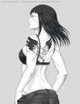  back back_tattoo bangs bare_shoulders black_bra black_hair bra breasts commentary_request denim eyepatch from_behind greyscale gumbat jeans jormungand long_hair monochrome muscle muscular_female pants parted_lips sofia_valmer solo tattoo underwear 