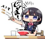  :d bangs black_hair blush bow braid chopsticks collared_shirt commentary cup dress_shirt drinking_glass eyebrows_visible_through_hair holding holding_chopsticks kanikama long_hair looking_at_viewer low_twintails lowres menma nijisanji open_mouth outstretched_arm pink_bow purple_eyes school_uniform shirt short_sleeves smile solo sweater_vest table translated tsukino_mito twin_braids twintails very_long_hair virtual_youtuber white_background white_shirt 
