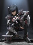  absurdres black_hair cyborg dagger highres holding holding_dagger holding_weapon long_hair looking_at_viewer mechanical_arm mechanical_legs one_knee original red_eyes shou_mai solo twintails very_long_hair weapon 