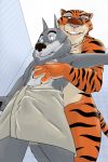  2018 akiric anthro bulge canine claws disney duo eyeshadow feline female fur green_eyes hand_on_chest inside low-angle_view makeup male male/female mammal naked_towel nude officer_fangmeyer smile standing striped_fur stripes tiger towel whiskers wolf wolford zootopia 