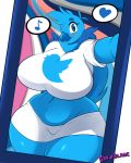  &lt;3 2019 beak big_breasts blue_feathers breasts cellphone clothing feathers female gin-blade huge_breasts one_eye_closed phone selfie shirt shorts small_head thick_thighs top tweetfur twitter voluptuous wide_hips wink 