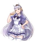  animal_ears breasts brown_hat eating food gold_ship hand_on_hip hat headphones horse_ears horse_tail large_breasts long_hair looking_at_viewer medama_hike purple_eyes school_uniform silver_hair skirt smile solo standing tail taiyaki thighhighs umamusume very_long_hair wagashi white_legwear white_skirt 