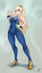  absurdres bare_arms blonde_hair blue_eyes bodysuit bracelet breasts chun-li chun-li_(cosplay) cosplay double_vertical_stripe drawfag101 eyebrows_visible_through_hair full_body gold_trim highres jewelry long_hair metroid ponytail samus_aran shoes sleeveless sneakers solo street_fighter street_fighter_zero_(series) studded_bracelet third-party_source unitard vest 