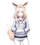  animal_ear_fluff animal_ears ass_visible_through_thighs blonde_hair blue_eyes blush closed_mouth collarbone denim drawstring ear_piercing fang_out fox_ears fox_tail hands_in_pockets highres hood hoodie jeans lips long_hair long_sleeves looking_at_viewer nosuku original pants piercing simple_background solo standing tail white_background white_pants 