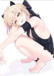  arm_garter armband artoria_pendragon_(all) artoria_pendragon_(swimsuit_rider_alter) bare_shoulders barefoot black_bow black_dress black_swimsuit blonde_hair bow braid breasts casual_one-piece_swimsuit center_opening dark_persona dress fate/grand_order fate_(series) french_braid hair_bow highres kerorira looking_at_viewer medium_breasts one-piece_swimsuit open_mouth ribbon short_hair sidelocks sleeveless sleeveless_dress solo squatting swimsuit underboob white_background yellow_eyes 