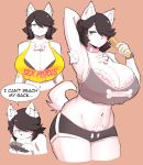 :3 absurd_res anthro big_breasts black_hair blue_eyes blush blush_stickers bra breasts canine chest_tuft choker cleavage clothed clothing comb crop_top dog ear_piercing female fluffy fur hair hair_over_eye hi_res huge_breasts maggie_applebee mammal midriff navel piercing shirt short_hair shorts simple_background solo theycallhimcake tuft underwear white_fur 