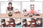  3girls ahoge apron bangs black_apron black_bow black_hair black_scarf blonde_hair blush bow brown_hair chacha_(fate/grand_order) comic commentary_request dango earrings fate/grand_order fate_(series) floral_print food gloves hair_between_eyes hair_bow hairband hat hijikata_toshizou_(fate/grand_order) japanese_clothes jewelry kimono koha-ace long_hair long_sleeves looking_at_viewer military_hat multiple_boys multiple_girls oda_nobukatsu_(fate/grand_order) oda_nobunaga_(fate) oda_uri okita_souji_(fate) okita_souji_(fate)_(all) omi_(tyx77pb_r2) open_mouth pink_kimono red_apron red_eyes sanshoku_dango scarf short_hair silent_comic translation_request wagashi white_gloves wide_sleeves yellow_eyes yellow_hairband 