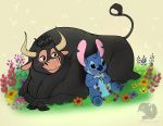  2018 4_toes alien black_claws black_eyes black_fur blue_eyes blue_fur blue_nose blush bovine cattle chest_tuft claws crossover disney duo experiment_(species) feral ferdinand_(movie) ferdinand_the_bull flower fur head_tuft hooves horn itsteriyaki lei lilo_and_stitch lying mammal notched_ear on_front open_mouth open_smile plant simple_background sitting smile stitch tan_background toes tuft watermark 