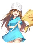  :d baseball_cap blue_shirt brown_eyes brown_hair clothes_writing commentary cowboy_shot flag grey_shorts hat hataraku_saibou holding long_hair looking_at_viewer open_mouth oversized_clothes platelet_(hataraku_saibou) round_teeth shirt short_sleeves shorts simple_background smile solo soya_(torga) standing teeth white_background white_hat 