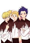  arms_behind_back black_eyes blonde_hair blue_eyes boku_no_hero_academia bright_pupils denki_pantu long_sleeves male_focus matching_outfit monoma_neito multiple_boys ojiro_mashirao pointing purple_eyes purple_hair shinsou_hitoshi shirt simple_background smile t-shirt tail upper_body white_background 