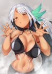  against_fourth_wall against_glass armlet azur_lane bad_id bad_twitter_id bare_shoulders bikini_top black_bikini_top body_writing breasts choker cleavage colored_eyelashes commentary_request dark_skin hair_ornament hands_up large_breasts long_hair massachusetts_(azur_lane) midriff native_american navel outstretched_hand parted_lips pokachu red_eyes silver_hair solo steam sweat very_long_hair 