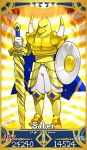  armor armored_boots bird bird_man black_eyes boots card_(medium) card_parody chick commentary_request fate/grand_order fate_(series) food full_body gold_armor highres hiyoko-chan holding holding_weapon male_focus mascot nissin noodles pants parody ramen redrop serious servant_card_(fate/grand_order) shield signature solo sword weapon white_pants 