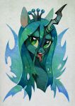 2018 changeling colored_pencil crown cute equine eyebrows eyelashes fangs female feral forked_tongue friendship_is_magic green_eyes hair headshot_portrait hi_res horn insect_wings lispp long_hair mammal my_little_pony open_mouth open_smile portrait queen_chrysalis_(mlp) simple_background slit_pupils smile solo teal_hair teeth tongue tongue_out traditional_media_(artwork) white_background wings 