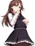  arashio_(kantai_collection) belt black_belt black_dress blush brown_eyes brown_hair burp cowboy_shot dress frilled_dress frills hand_on_own_stomach hand_to_own_mouth kantai_collection long_hair pantyhose parted_lips pinafore_dress remodel_(kantai_collection) shirt simple_background solo standing utopia white_background white_shirt 