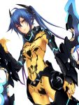  blue_hair bodysuit breasts covered_navel dutch_angle gradient_hair hair_between_eyes highres long_hair medium_breasts multicolored_hair phantasy_star phantasy_star_online_2 purple_hair quna_(pso2) shimozuki_shio solo standing two-tone_hair white_background yellow_bodysuit yellow_eyes zelsius 