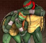  2018 3d_(artwork) anthro bandanna brothers digital_media_(artwork) draz713 duo hand_wraps headlock male michelangelo_(tmnt) muscular muscular_male noogie open_mouth raphael_(tmnt) reptile scalie sibling simple_background smile source_filmmaker teenage_mutant_ninja_turtles teeth turtle wraps 