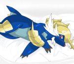  ambiguous_gender bed blue_belly blue_body blush claws cute_fangs facial_hair fangs gearfactory horn lying mammal mustelid nintendo on_bed on_side pok&eacute;mon pok&eacute;mon_(species) samurott simple_background solo sweat teeth thick_thighs video_games 