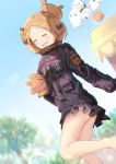  :d ^_^ abigail_williams_(fate/grand_order) ass balloon bangs barefoot black_bow black_jacket blonde_hair blue_eyes blue_sky blurry blurry_background blush bow chinchongcha closed_eyes commentary_request day depth_of_field dutch_angle fate/grand_order fate_(series) feet_out_of_frame hair_bow hair_bun heroic_spirit_traveling_outfit highres jacket long_hair long_sleeves looking_at_another looking_at_viewer medjed object_hug open_mouth orange_bow outdoors parted_bangs polka_dot polka_dot_bow sky sleeves_past_fingers sleeves_past_wrists smile solo standing standing_on_one_leg stuffed_animal stuffed_toy teddy_bear tree upper_teeth 