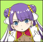  aoba_(smartbeat) bangs blue_eyes blunt_bangs blush commentary_request double_bun earrings fate/grand_order fate_(series) gloves green_background hair_ribbon heroic_spirit_traveling_outfit jewelry long_hair looking_at_viewer parted_lips purple_hair ribbon saint_martha white_gloves white_ribbon 