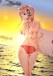  animal_ears ass bikini breasts cat_ears cat_tail cloud commentary_request cowboy_shot evening from_behind ganari_ryuu green_eyes headphones headset highres large_breasts long_hair looking_at_viewer looking_back ocean orange_(color) original pink_hair red_bikini sideboob sky smile solo standing sun sunset super_tama_musume surfboard swimsuit tail tamatoys thighs water 