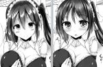  :o blush bow breasts cleavage copyright_request detached_collar greyscale hair_bow hair_ribbon large_breasts looking_at_viewer maid_headdress mokufuu monochrome multiple_views ribbon smile twintails work_in_progress 