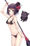  animal arm_up bangs bare_arms bare_shoulders bikini black_bikini blush breasts calligraphy_brush cleavage commentary_request eyebrows_visible_through_hair fate/grand_order fate_(series) groin hair_bun hair_ornament harimoji holding holding_paintbrush katsushika_hokusai_(fate/grand_order) looking_at_viewer medium_breasts octopus oversized_object paintbrush parted_lips purple_eyes purple_hair simple_background solo swimsuit tokitarou_(fate/grand_order) white_background 