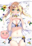  air_bubble animal anzu_(sumisaki_yuzuna) bangs bare_shoulders bikini blonde_hair blue_flower breasts bubble bun_cover cleavage closed_mouth commentary_request double_bun eyebrows_visible_through_hair flower green_eyes hair_between_eyes hair_ribbon hands_up holding holding_flower jacket navel off_shoulder original pig purple_flower red_ribbon ribbon short_sleeves side_bun small_breasts smile solo sumisaki_yuzuna swimsuit twintails water_drop white_bikini white_flower white_jacket yellow_flower 