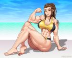  1girl beach bikini blizzard_entertainment breasts brigitte_(overwatch) brown_hair elee0228 flexing large_breasts muscle muscular_female overwatch pose speh sports_bra swimsuit 