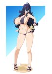  1girl @_@ ahoge bikini blue_eyes breasts full_body headband hex_maniac_(pokemon) high_heels huge_breasts long_hair looking_down mimikyu nailpolish navel open_mouth pokemon pokemon_(game) purple_hair smile solo swimsuit toudori 