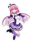  :d alternate_costume animal_ears bare_shoulders bird_wings boots breasts cato_(monocatienus) commentary_request detached_sleeves eyebrows_visible_through_hair fang full_body headdress highres looking_at_viewer medium_breasts medium_hair mystia_lorelei open_mouth outstretched_arms pink_eyes pink_hair purple_legwear simple_background smile solo thighhighs touhou white_background wings 