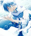  air_bubble blue_eyes blue_hair bubble coat happy kaito light_smile looking_down male_focus nokuhashi profile scarf short_hair smile solo sunlight underwater vocaloid 