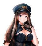  black_gloves black_hat blue_eyes breasts brown_hair choker cleavage cleavage_cutout gloves hat highres large_breasts long_hair looking_at_viewer melings_(aot2846) open_mouth original simple_background solo upper_body watch white_background wristwatch 