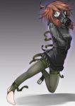  ahoge bdsm belt belt_buckle bondage bound brown_eyes brown_hair buckle clothes_writing commentary_request gas_mask gradient gradient_background highres looking_at_viewer low_twintails menou messy_hair metal_gear_(series) psycho_mantis russian stirrup_legwear straitjacket tied_up toeless_legwear touhou translated twintails usami_sumireko 