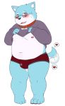  &lt;3 2018 4_toes anthro blue_fur blush bulge canine clothing collar dog eyewear front_view fur glasses leon_(lilmos967) looking_at_viewer male mammal navel nipples open_mouth overweight overweight_male raised_shirt red_eyes sheeporwolf shirt simple_background smile solo speech_bubble standing sweat sweatdrop tailwag toes underwear white_background 