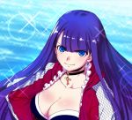  aoba_(smartbeat) bangs blue_eyes blunt_bangs breasts cleavage collarbone commentary_request day earrings fate/grand_order fate_(series) jacket jewelry large_breasts long_hair long_sleeves looking_at_viewer ocean open_clothes open_jacket outdoors purple_hair red_jacket saint_martha saint_martha_(swimsuit_ruler)_(fate) smile 